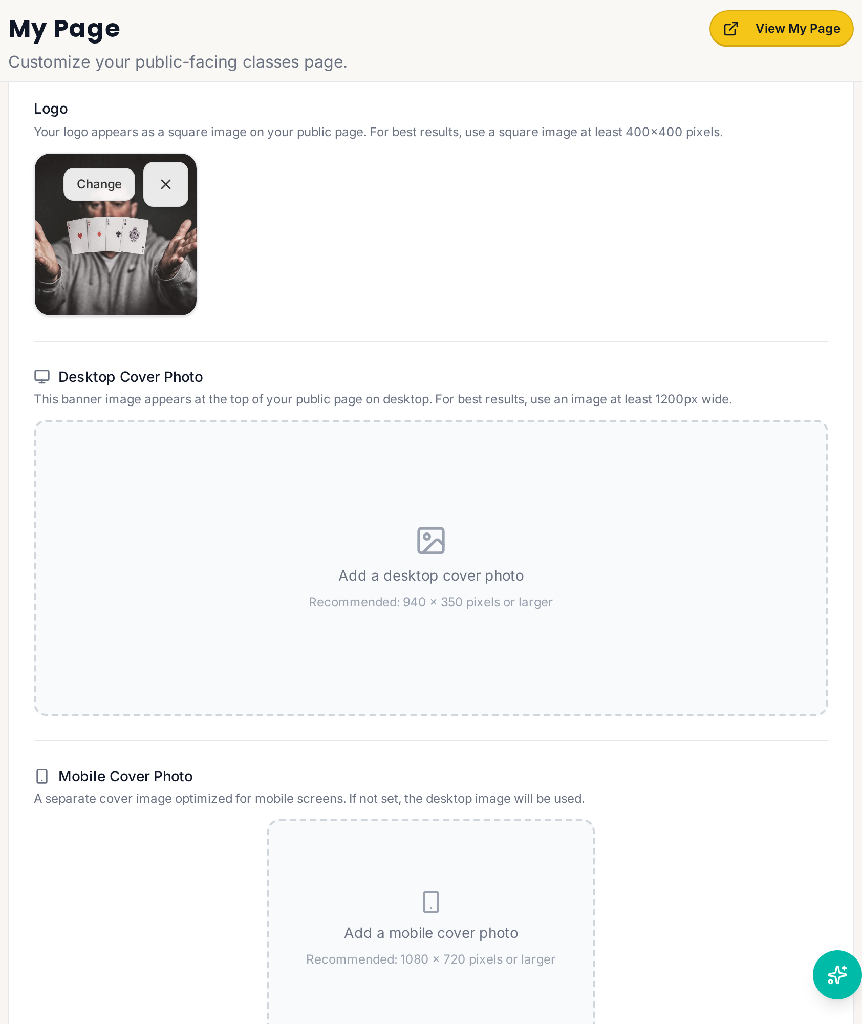 The My Page dashboard screen showing logo, desktop cover photo, and mobile cover photo upload fields