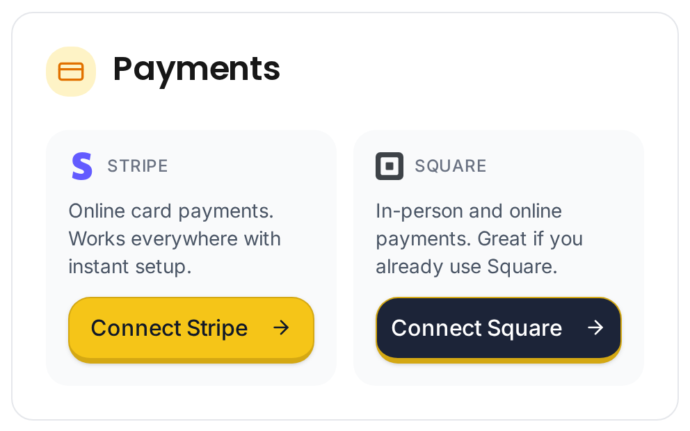 The Payments tab showing Connect Stripe and Connect Square buttons side by side