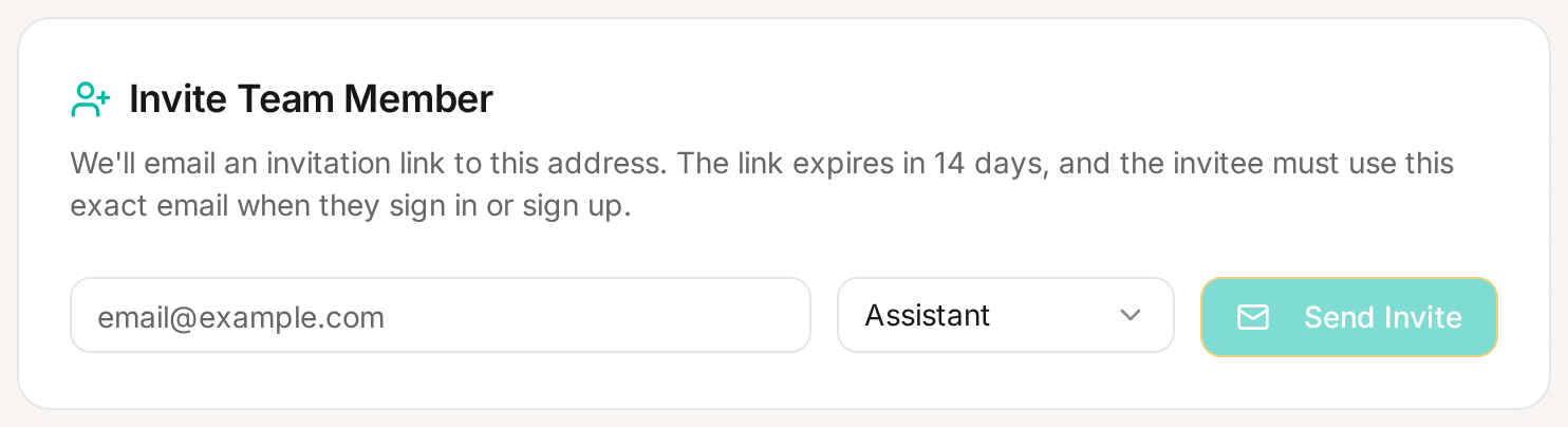 The Invite Team Member card with an email field, role selector, and Send Invite button